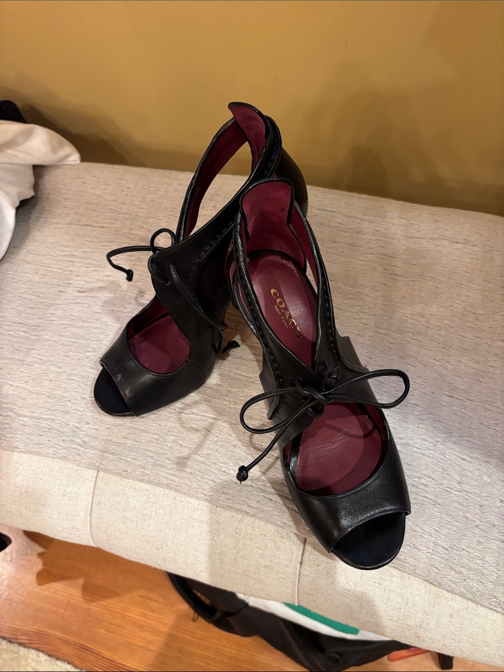 Coach Black Leather Peep-Toe Lace-Up Heels with Burgundy Interior